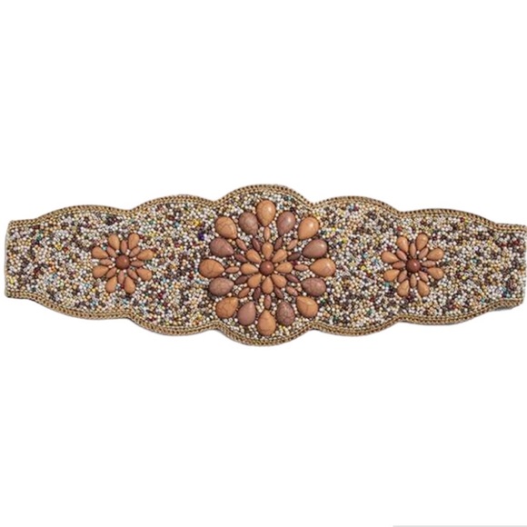 Brown Elastic Beaded Waist Belt Women Brown Elastic Ethnic Style Belt Orange Gold Black  main image 4